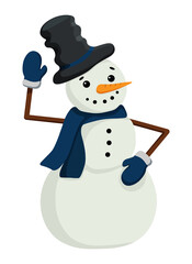 Christmas illustration of a cheerful snowman in mittens and a hat. Vector illustration