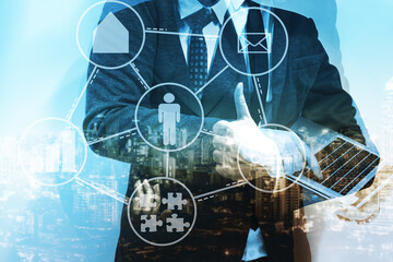 Double exposure of young business man and digital number of stock market background to represent successful in investment marketing. Find out the best solution in business and financial as concept.	
