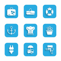 Set Bodybuilder muscle, Fast street food cart, Water gun, Ice bucket, Swimsuit, Anchor, Lifebuoy and Suitcase icon. Vector