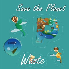 Image on the theme of ecology. Planet and environmental pollution. Vector stickers.