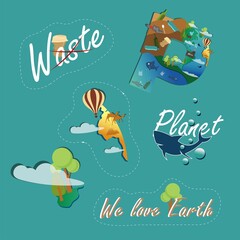 Image on the theme of ecology. Planet and environmental pollution. Vector stickers.