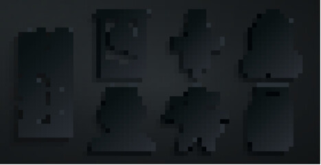Obraz premium Set Voodoo doll, Tombstone with RIP written, Krampus, heck, Eye in jar, Scarecrow and Guillotine icon. Vector