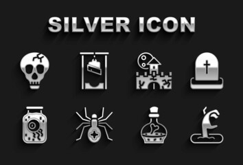 Set Spider, Tombstone with RIP written, Zombie hand, Bottle potion, Eye in jar, Castle, fortress, Skull and Guillotine icon. Vector