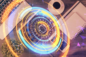 Multi exposure of technology theme drawing over table with phone. Top view. Concept of hightech.