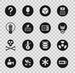 Set Battery, Radioactive, Temperature wash, Carton cardboard box, Leaf Eco symbol, Trash can, Unknown search and Microwave oven icon. Vector