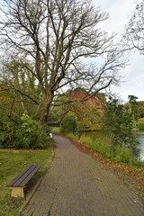 Promenade en brique le long d'un étang en automne au parc Tenreuken à Watermael-Boitsfort 