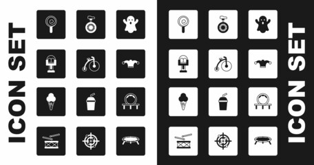 Set Ghost, Vintage bicycle, Attraction carousel, Lollipop, Jester hat with bells, Unicycle or one wheel, Roller coaster and Ice cream waffle cone icon. Vector © Kostiantyn