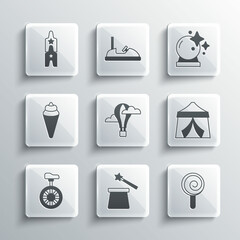 Set Magic hat and wand, Lollipop, Circus tent, Hot air balloon, Unicycle or one wheel bicycle, Ice cream in waffle cone, ticket and icon. Vector