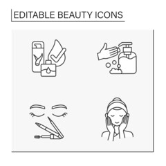 Beauty line icons set. Aloe vera shaving gel, sanitizer, face massage and cosmetics for eye. Spa concept. Isolated vector illustration. Editable stroke