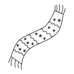 Knit warm scarf with snowflakes, stripes black and white vector in contour line art cartoon doodle style. Seasonal winter clothing clip art design clipart element.Autumn collection fashion accessory.