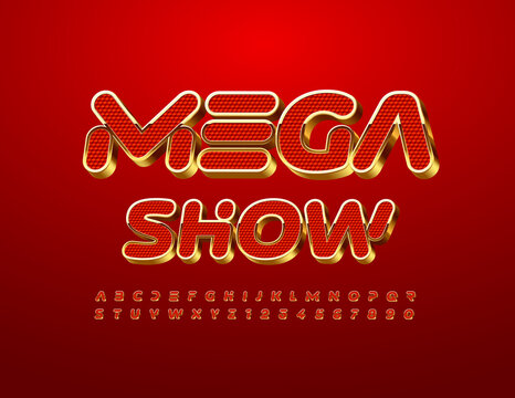 Vector stylish Banner Mega Show. Modern Original Font. Artistic 3D Alphabet Letters and Numbers set