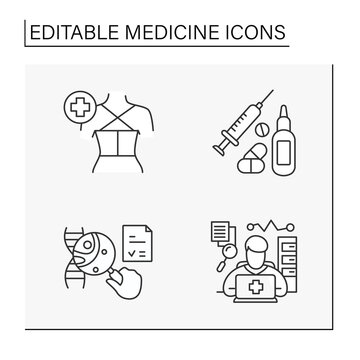 Medicine line icons set. GNA research, drugs and nasal spray, treatment, spine fixation, consultation with doctor. Healthcare concept. Isolated vector illustrations. Editable stroke