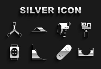 Set Skate park, Action camera, Skateboard, Knee pads, helmet, Y-tool and icon. Vector