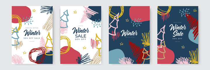 Winter sale and Christmas holiday cards with organic and hand drawn style. Collection of abstract background designs, winter sale, social media promotional content. Vector illustration