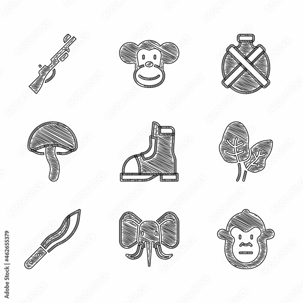 Sticker Set Hunter boots, Elephant, Monkey, Tropical leaves, Machete, Mushroom, Canteen water bottle and Hunting gun icon. Vector