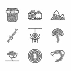 Set Spider, Compass, Snake, Mushroom, African tree, Hunting gun, Mountains and Hiking backpack icon. Vector