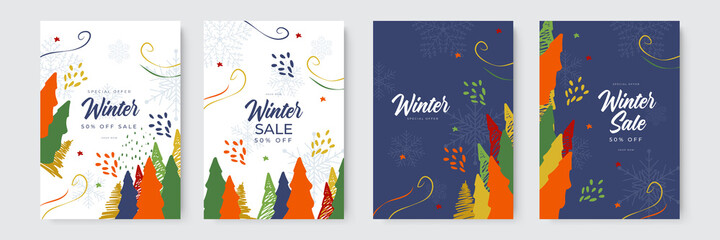 Winter sale and merry Christmas greeting cards with hand drawn and organic style. Trendy abstract Winter Holidays art templates. Suitable for social media, mobile apps, banner design and web ads.