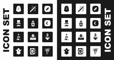 Set Magic stone, Bottle with potion, Magician, Ghost, Moon and stars, wand, and Sword in the icon. Vector