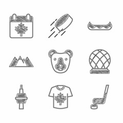Set Bear head, Hockey jersey, Ice hockey stick and puck, Montreal Biosphere, TV CN Tower in Toronto, Mountains, Kayak and Canada day with maple leaf icon. Vector