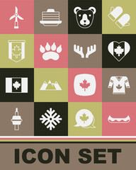 Set Kayak, Hockey jersey, Heart shaped Canada flag, Bear head, paw footprint, Pennant of, Wind turbine and Deer antlers icon. Vector
