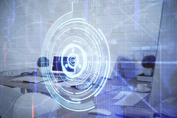 Double exposure of data theme drawing and office interior background. Concept of technology.