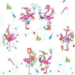 Flamingoes Christmas Party Seamless Pattern