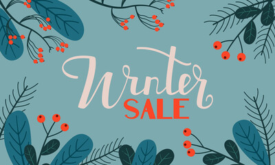 Banner with lettering winter sale. Abstract spruce branches, berries and leaves on blue background. Color vector illustration. EPS10