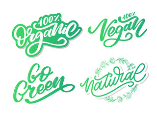 Vector illustration, food design. Handwritten lettering for restaurant, cafe menu. Vector elements for labels, logos, badges, stickers or icons. Calligraphic and typographic collection. Vegan menu