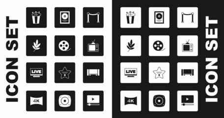 Set Rope barrier, Film reel, Movie trophy, Popcorn in cardboard box, Retro tv, CD disk award frame, Smart Tv and Live stream icon. Vector