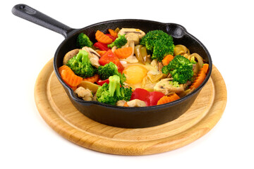 Steamed vegetables with scrambled eggs, Healthy breakfast, isolated on white background.