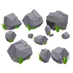 Vector rock stone and grass set variety shape for cartoon. Stones and rocks in isometric 3d flat style. Set of different boulders. Cartoon or Video Game props