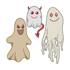 Set of scary ghosts for the holiday Halloween. Souls of the dead. Devilish spirit. Hand drawn flat vector illustration. Graphic linear sketch. Isolated design element.