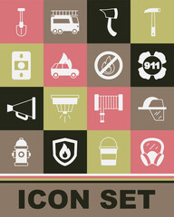 Set Gas mask, Firefighter helmet, Emergency call 911, axe, Burning car, alarm system, shovel and No fire icon. Vector