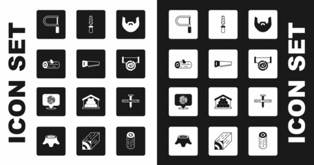 Set Mustache and beard, Hand saw, Wooden logs, Hacksaw, Two-handed, Rasp metal file, Metallic nail and icon. Vector
