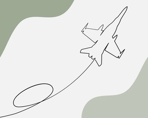 Continuous line, Military fighter jets during demonstration. Drawing of set War. (Vector illustration one line drawing)