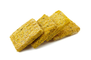 Frozen breaded fish fillets isolated on white