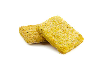 Frozen breaded fish fillets isolated on white
