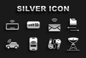Set Mobile with wi-fi wireless, Transfer files, Satellite dish, Air headphones, Smart car system, Mail and e-mail, Computer keyboard and 5G internet icon. Vector