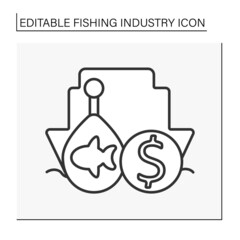  Commerce fishing line icon. Taking, culturing and selling fish or fish products. Boat in the sea. Fishing industry concept. Isolated vector illustration. Editable stroke
