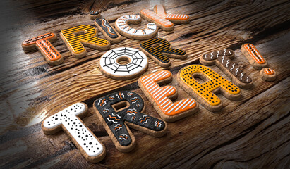 Trick or treat! - Halloween cookies on wooden background - 3D illustration