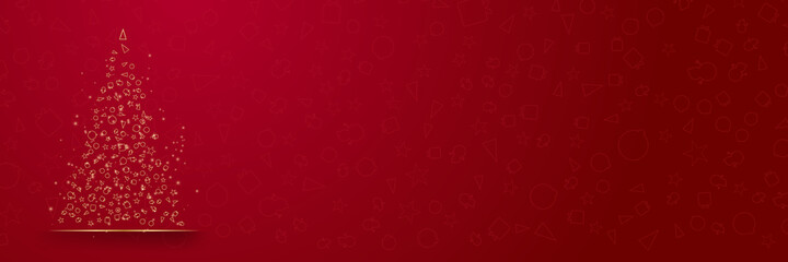 Christmas and 2022 New Year design. Elegant red gold realistic christmas balls and decorative golden snowflakes hang on gold chains on red background. Elegant festive vector banner