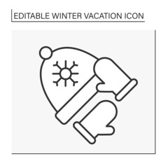  Clothing line icon. Warm and cozy gloves and header for cold weather. Santa present. Winter vacation concept. Isolated vector illustration. Editable stroke