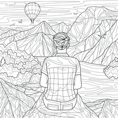 The guy sits on a stone and looks at the landscape with mountains.Coloring book antistress for children and adults. Illustration isolated on white background.Zen-tangle style. Hand draw