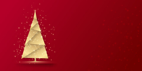 Simple elegant christmas background with shiny golden tree on red. Merry christmas background. Suit for presentation, greeting card, poster, festive, vector design, template, social media, decoration.