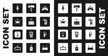 Set Wireless gamepad, Mail and e-mail, Smart drone system, No usb cable cord, Mobile with wi-fi wireless, Air conditioner, Usb adapter and Wi-Fi internet icon. Vector