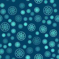 Green line Bomb explosion with shrapnel and fireball icon isolated seamless pattern on blue background. Vector