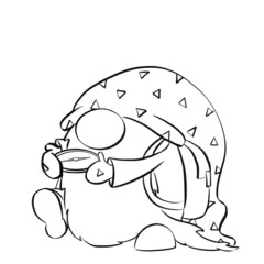 Cute gnome in hat with compass and blue backpack. Christmas and New Year contoured illustration for banner and design. Collection of gnomes in cartoon style. Colouring book.
