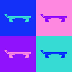 Pop art line Skateboard icon isolated on color background. Extreme sport. Sport equipment. Vector