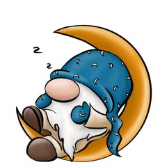 Cute gnome in blue hat sleeping on the moon. Christmas and New Year coloured illustration for banner and design. Collection of gnomes in cartoon style.