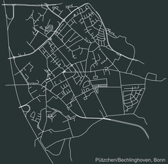Detailed negative navigation urban street roads map on dark gray background of the quarter Pützchen/Bechlinghoven sub-district of the German capital city of Bonn, Germany